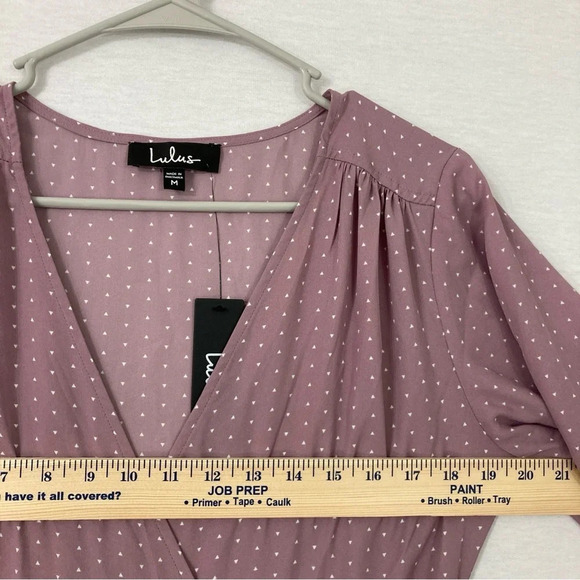 New Lulu's Mauve Color Polka Dot Soft Flowy Wrap Belted Midi Dress Medium - Picture 5 of 11